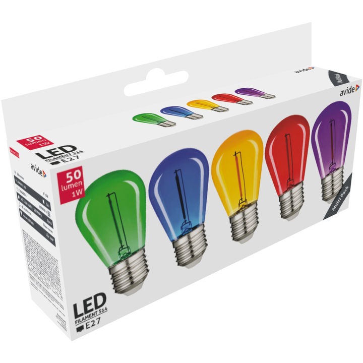 Комплект от 5 цветни крушки за декорация Avide, LED, 1W, E27, 50 лумена, Многоцветен