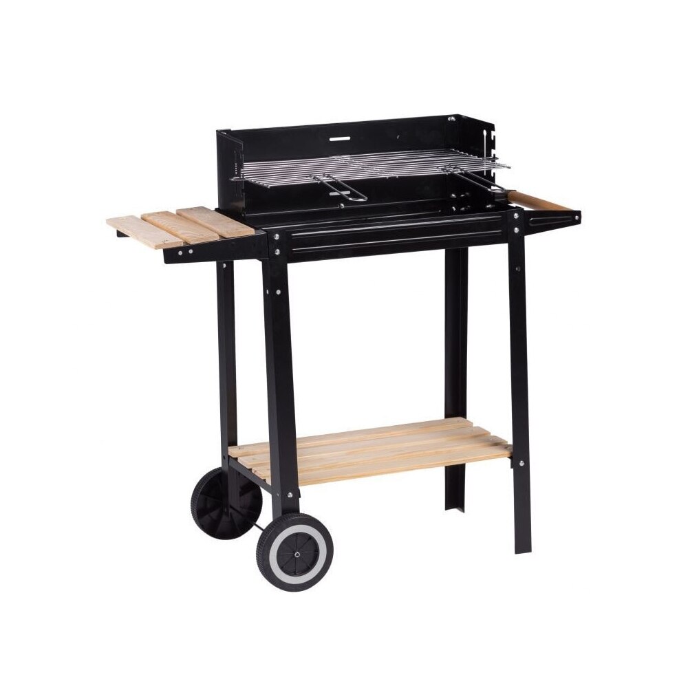Gratar Bigshot SL4828 Mobil din Metal Pentru Gurte si Gradina, 2 Rafturi din Lemn, Roti Pentru Manevrabilitate Usoara, Negru