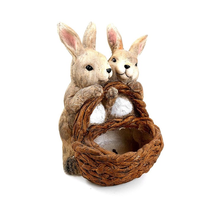 Decoratiune gradina, ceramica, 2 iepuri cu cos, 27x27x38 cm