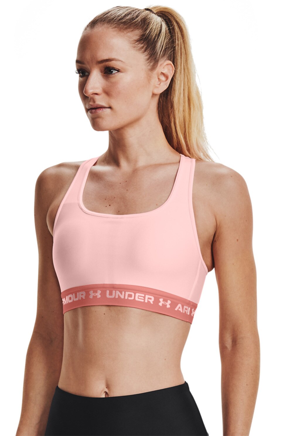 Under Armour, Bustiera de compresie cu decupaj pe partea din spate si suport mediu pentru fitness, Roz