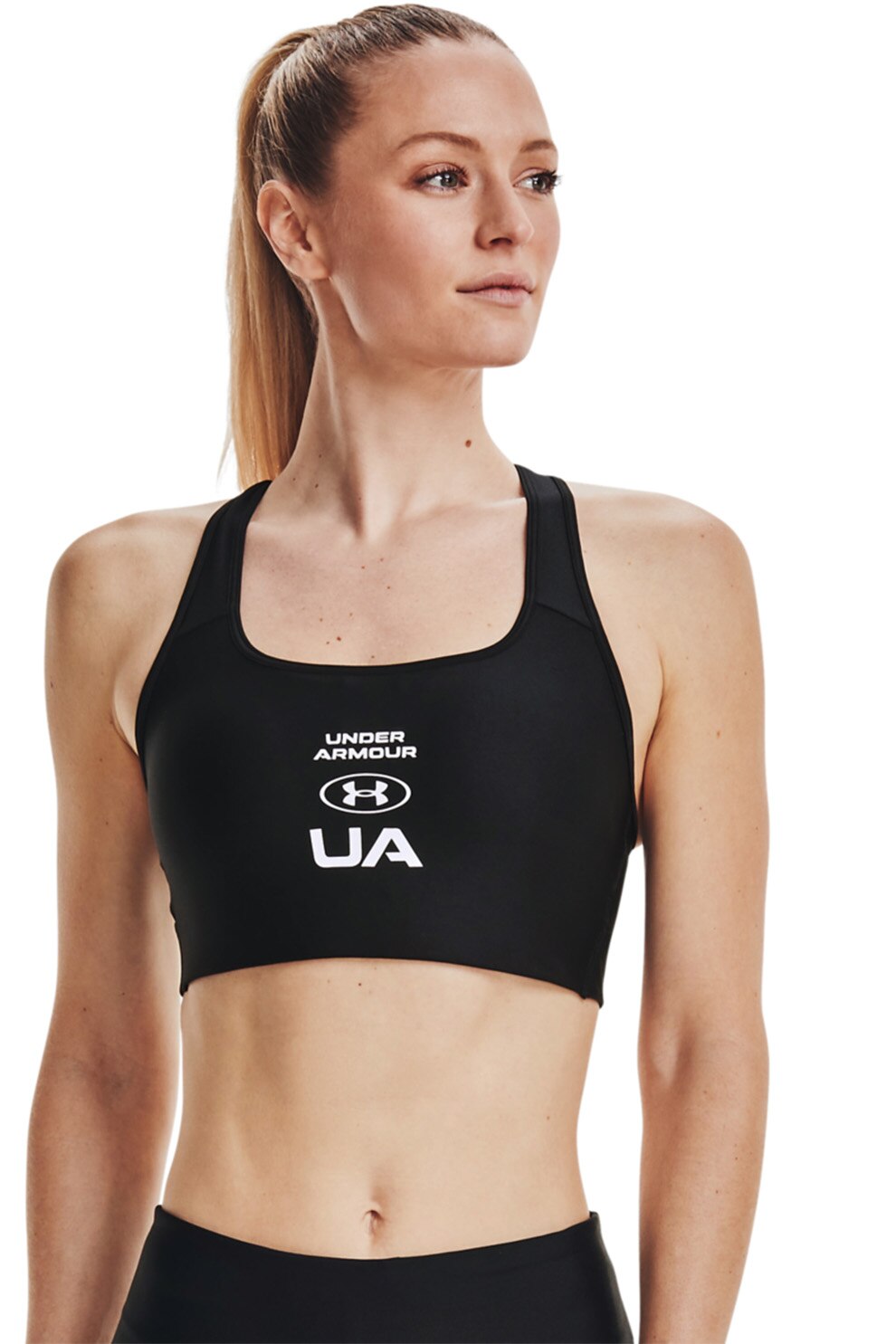 Under Armour, Sutien de compresie cu imprimeu logo pentru antrenament Crossback, Negru/Alb