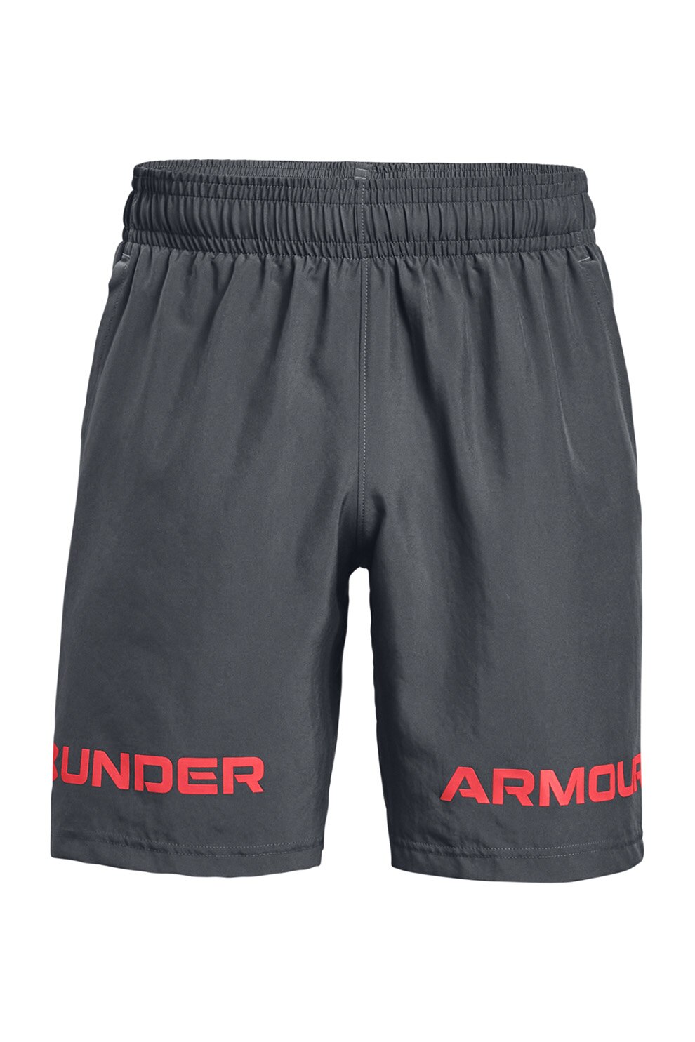 Under Armour, Pantaloni scurti lejeri cu imprimeu logo pentru fitness Woven Graphic Wordmark, Gri inchis/Oranj