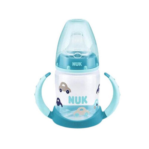 Biberon Nuk cu manere, tetina din latex, 6-18 luni, 150ml, albastru cu masini