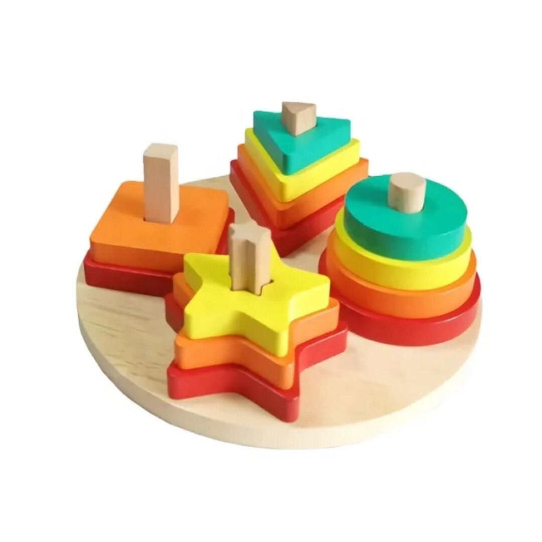 Joc de stivuit pe forme si culori, din lemn, multicolor