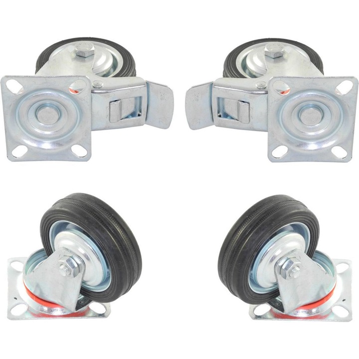 Set de 2 pivotante + 2 pivotante cu frana din cauciuc plin cu placa 160mm 150kg