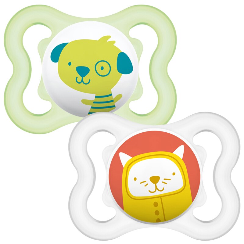 Set 2 Suzete din Silicon, MAM AIR, 0 Luni+, Model Catel/Pisica, cu Cutie pentru Sterilizare, Fara BPA/BPS, Alb/Verde