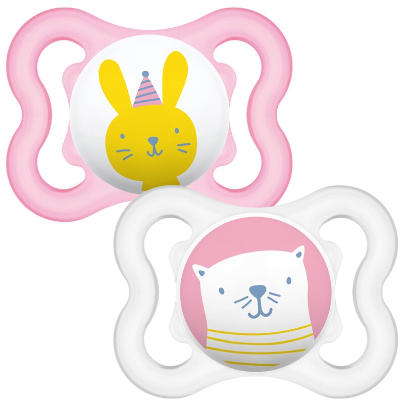 Set 2 Suzete din Silicon, MAM AIR, 0 Luni+, Model Pisicute, cu Cutie pentru Sterilizare, Fara BPA/BPS, Alb/Roz