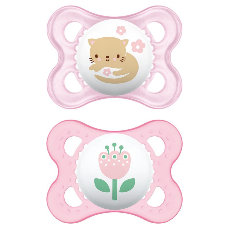 Set 2 Suzete, MAM Nature, 0 Luni +, Model Pisicuta, Tetina din Silicon, Buton de Prindere, cu Cutie pentru Sterilizat, Fara BPA, Roz