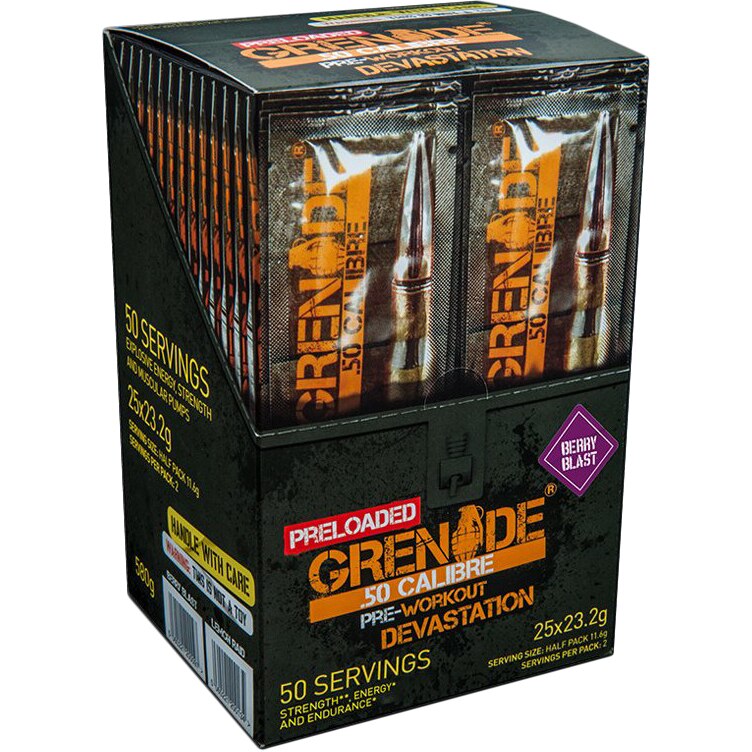Grenade® .50 Calibre® Preloaded Pre Workout, cu Aroma de Fructe de Padure, 25 plicuri x 23.2 g