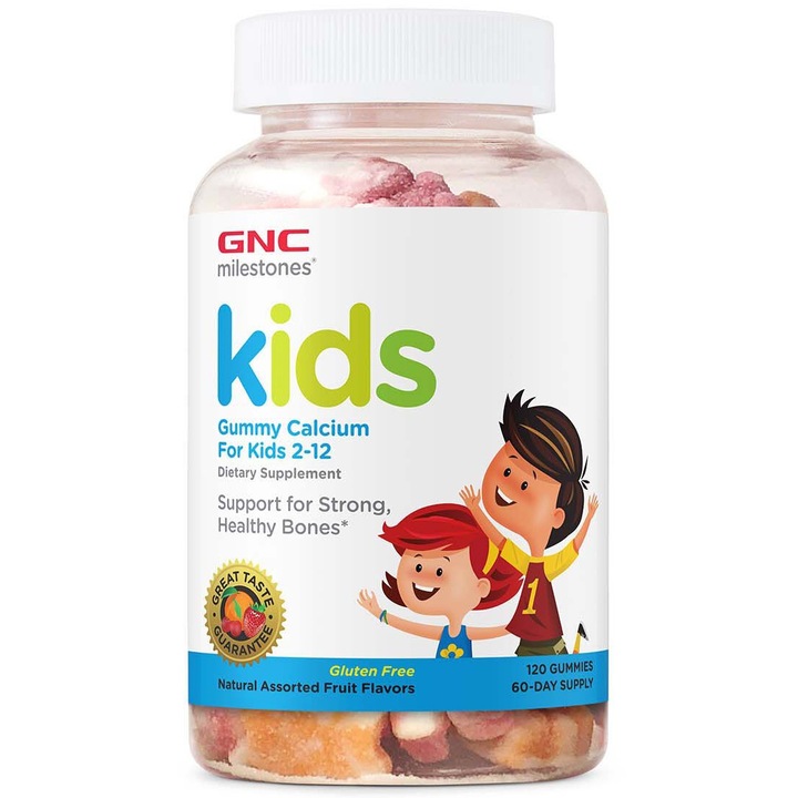 GNC Milestones® Kids Calcium Gummy, Calciu pentru Copii 2-12 ani,120 jeleuri cu Aroma de Fructe