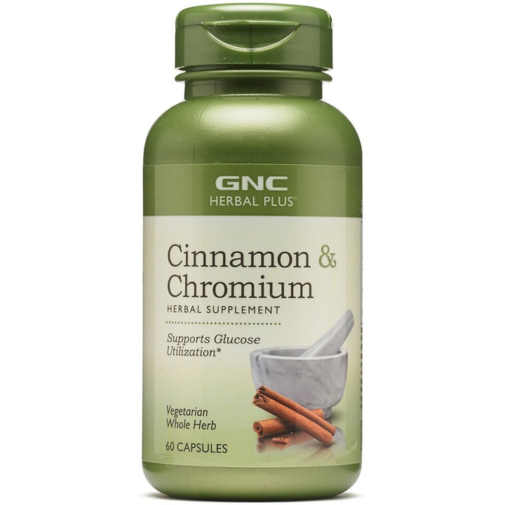 GNC Herbal Plus® Cinnamon & Chromium, Extract Standardizat de Scortisoara si Crom, 60 cps