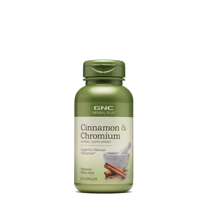 GNC Herbal Plus® Cinnamon & Chromium, Extract Standardizat de Scortisoara si Crom, 60 cps