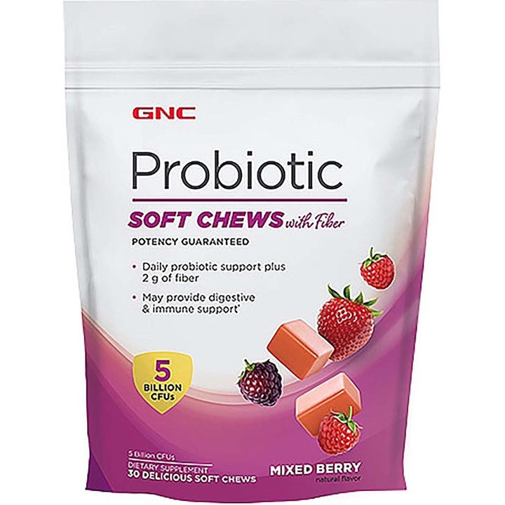 GNC Probiotic Soft Chews with Fiber, Probiotice Caramele cu Fibre, cu Aroma de Fructe, 30 Caramele