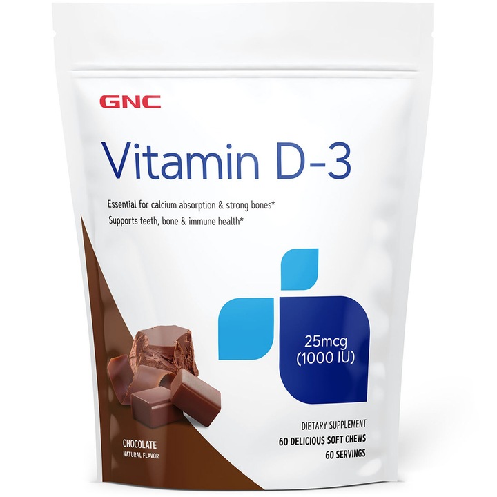 GNC Vitamin Soft Chews D-3 1000 IU, Vitamina D-3 1000 UI, cu Aroma de Ciocolata, 60 Caramele