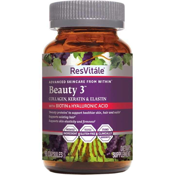 ResVitále® Beauty 3™, Formula pentru Par, Piele si Unghii cu Colagen, Keratina si Elastina, 90 cps