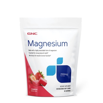 GNC Magnesium 250 mg, Magneziu, cu Aroma Naturala de Capsuni, 60 Caramele GNC Magnesium 250 mg, Magneziu, cu Aroma Naturala de Capsuni, 60 Caramele