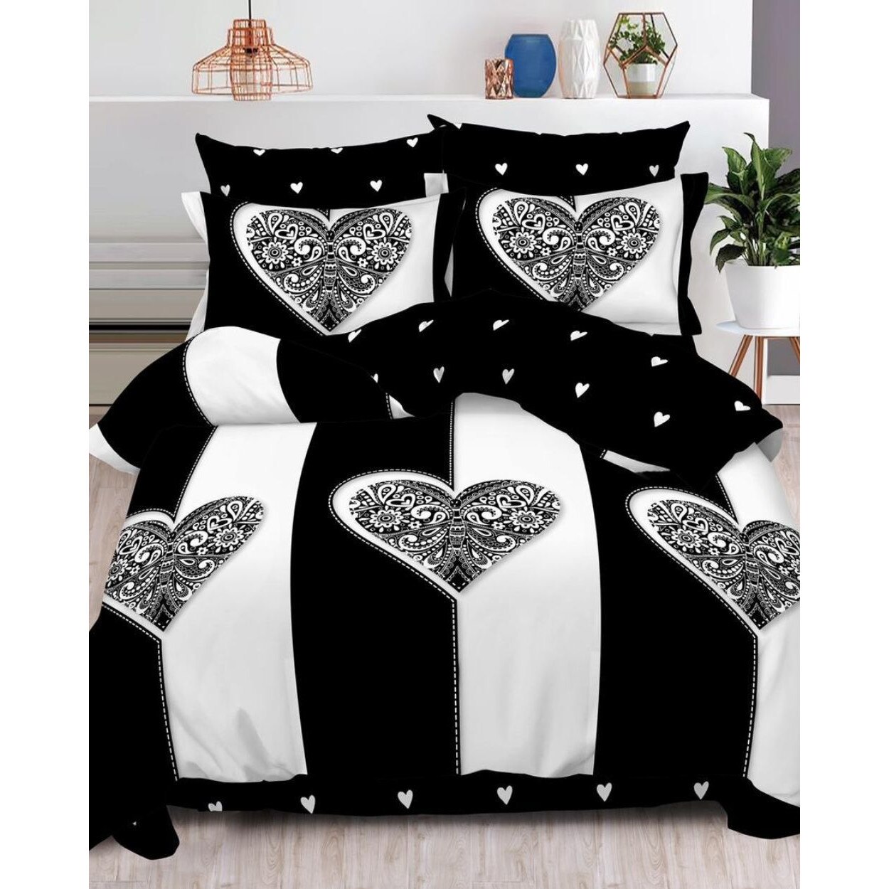 Set Lenjerie Finet, Cearceaf de Pat cu Elastic, 6 Piese, Pat 2 Persoane, Black and White