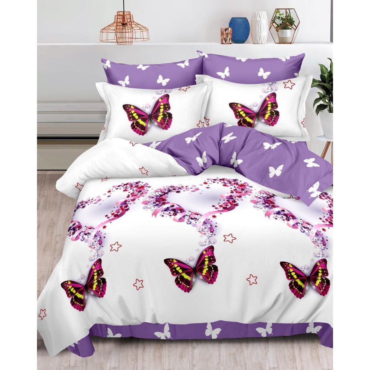 Set Lenjerie Finet, Cearceaf de Pat cu Elastic, 6 Piese, Pat 2 Persoane, Butterfly Gift