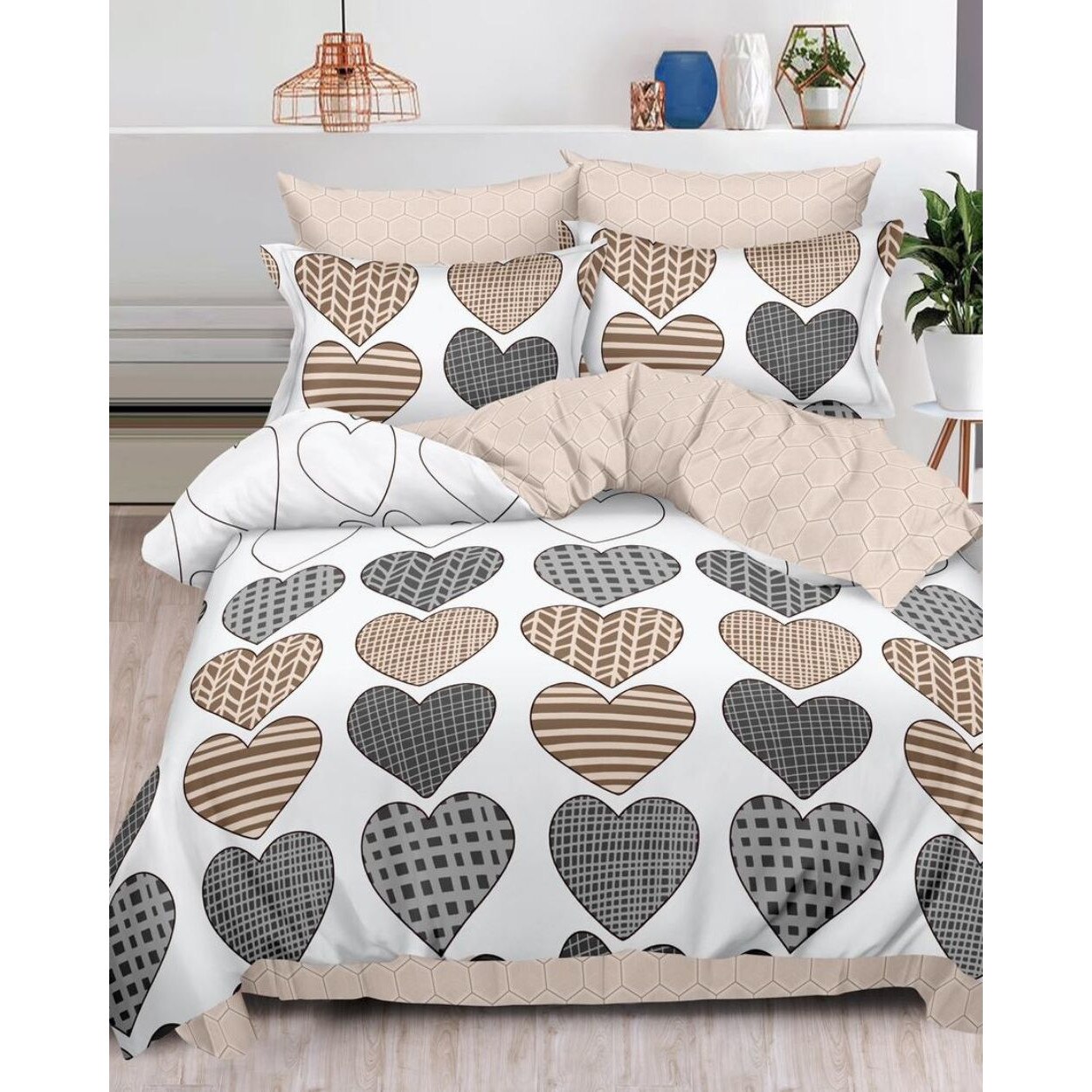 Set Lenjerie Finet, Cearceaf de Pat cu Elastic, 6 Piese, Pat 2 Persoane, Striped Hearts