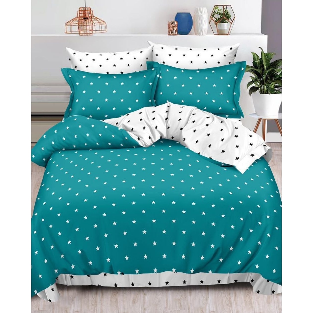 Set Lenjerie Finet, Cearceaf de Pat cu Elastic, 6 Piese, Pat 2 Persoane, Small Stars