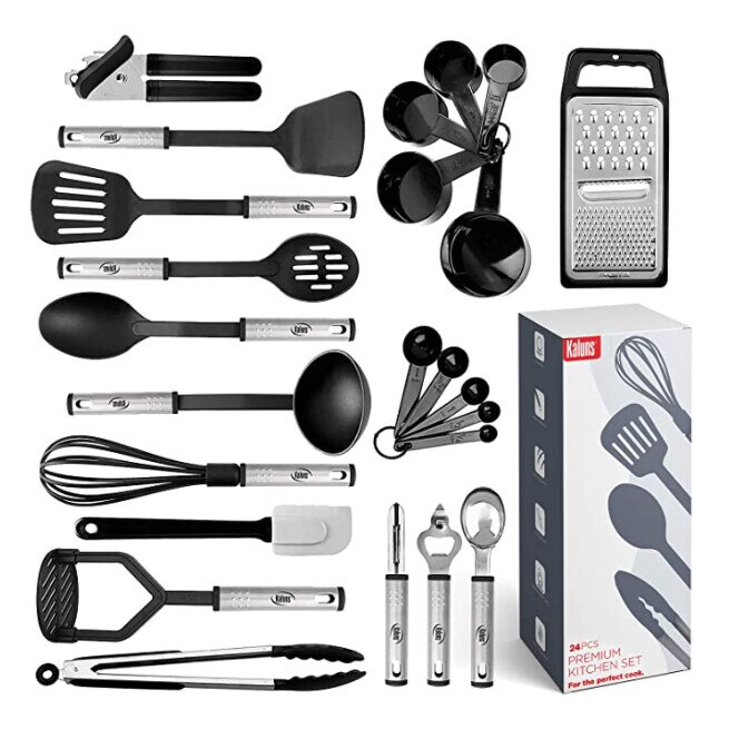 Set 24 ustensile de bucatarie, Nailon/ Otel inoxidabil, Rezistente la caldura, Negru/Argintiu