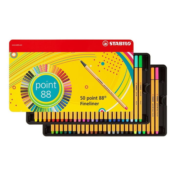 Set Fineliner Point 88 Stabilo 0.4mm 50 culori in cutie metal