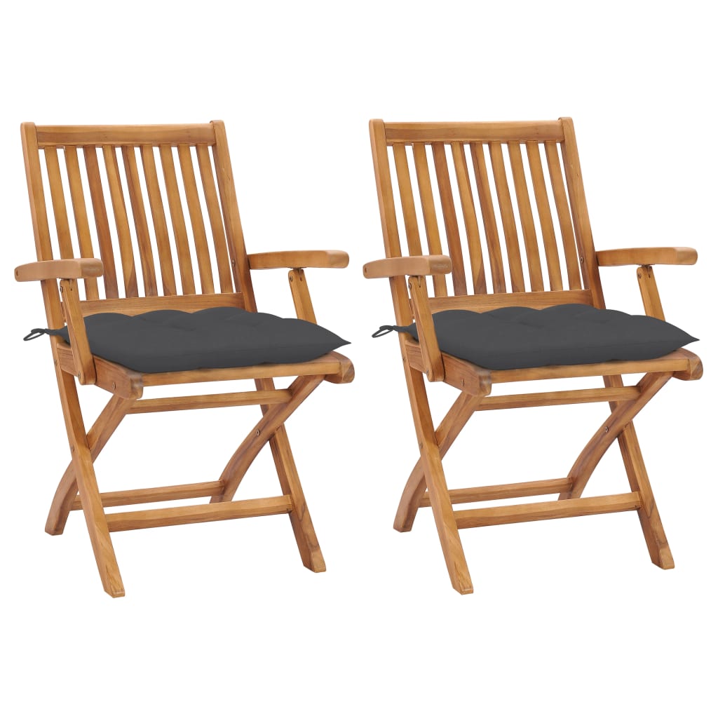 Set de 2 scaune pliabile de gradina, cu perne, vidaXL, Lemn de tec, 56 x 58 x 88 cm, Gri antracit