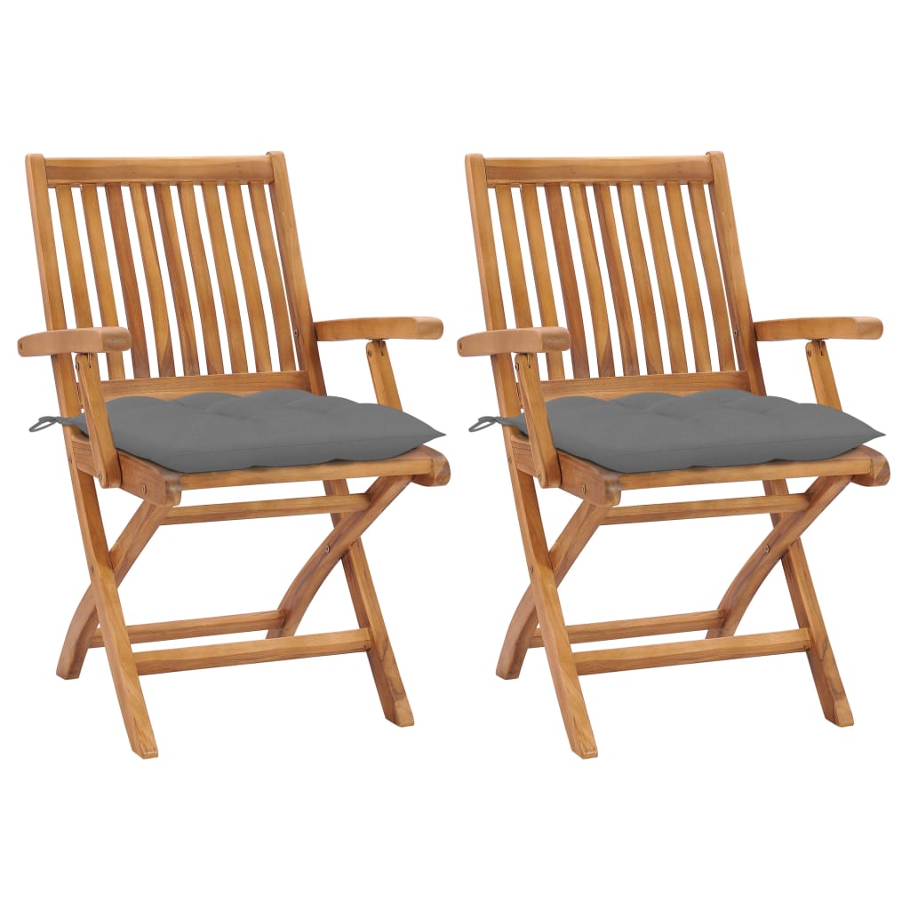 Set de 2 scaune pliabile de gradina, cu perne, vidaXL, Lemn de tec, 56 x 58 x 88 cm, Gri deschis