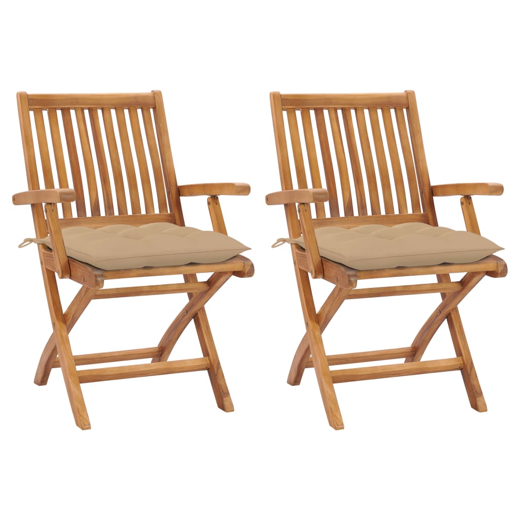 Set de 2 scaune pliabile de gradina, cu perne, vidaXL, Lemn de tec, 56 x 58 x 88 cm, Bej