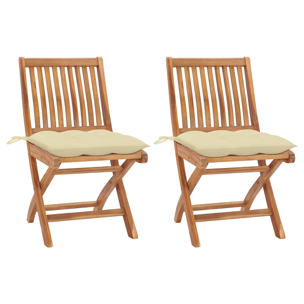Set de 2 scaune pliabile de gradina, cu perne, vidaXL, Lemn de tec, 46,5 x 58 x 88 cm, Crem