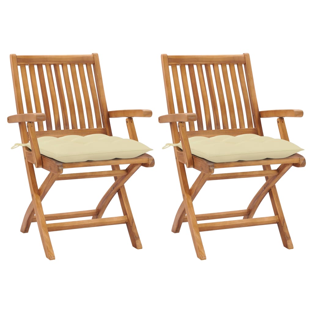 Set de 2 scaune pliabile de gradina, cu perne, vidaXL, Lemn de tec, 56 x 58 x 88 cm, Crem