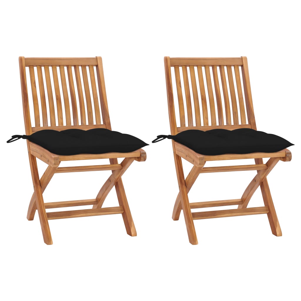 Set de 2 scaune pliabile de gradina, cu perne, vidaXL, Lemn de tec, 46,5 x 58 x 88 cm, Negru