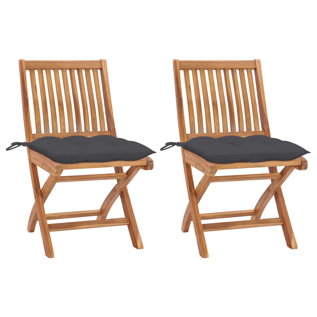 Set de 2 scaune pliabile de gradina, cu perne, vidaXL, Lemn de tec, 46,5 x 58 x 88 cm, Gri inchis