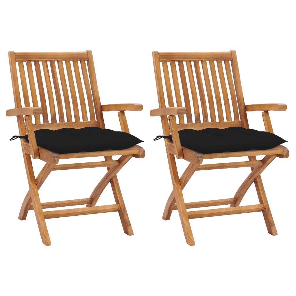 Set de 2 scaune pliabile de gradina, cu perne, vidaXL, Lemn de tec, 56 x 58 x 88 cm, Negru