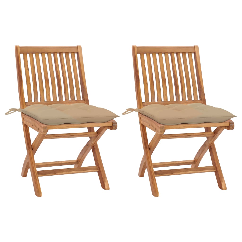 Set de 2 scaune pliabile de gradina, cu perne, vidaXL, Lemn de tec, 46,5 x 58 x 88 cm, Bej
