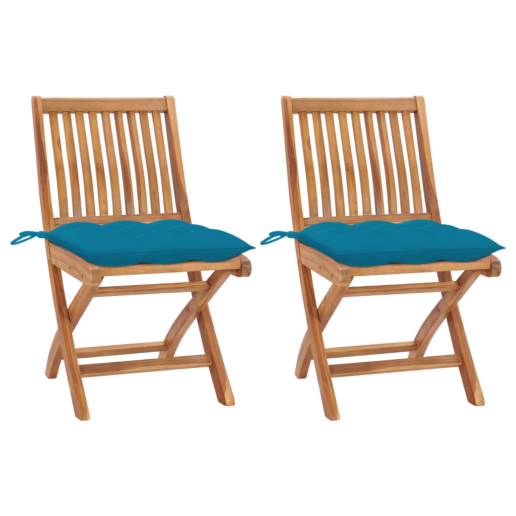 Set de 2 scaune pliabile de gradina, cu perne, vidaXL, Lemn de tec, 46,5 x 58 x 88 cm, Albastru deschis