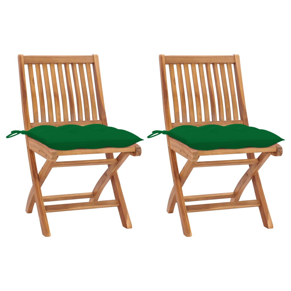 Set de 2 scaune pliabile de gradina, cu perne, vidaXL, Lemn de tec, 46,5 x 58 x 88 cm, Verde inchis