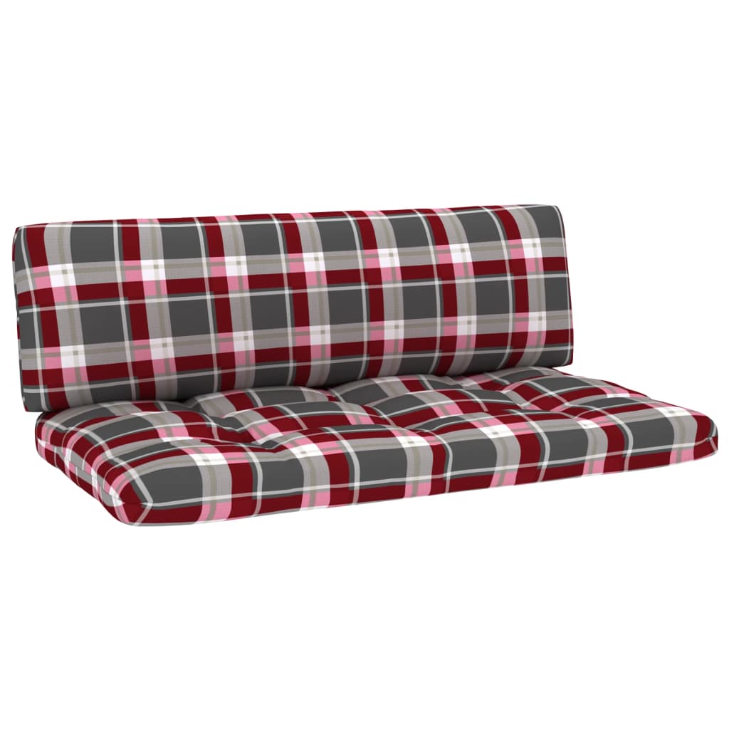 Set de 2 perne pentru canapea de gradina, din paleti, vidaXL, Textil-Poliester, 110 x 58 x 10 cm, Gri/Rosu, model carouri
