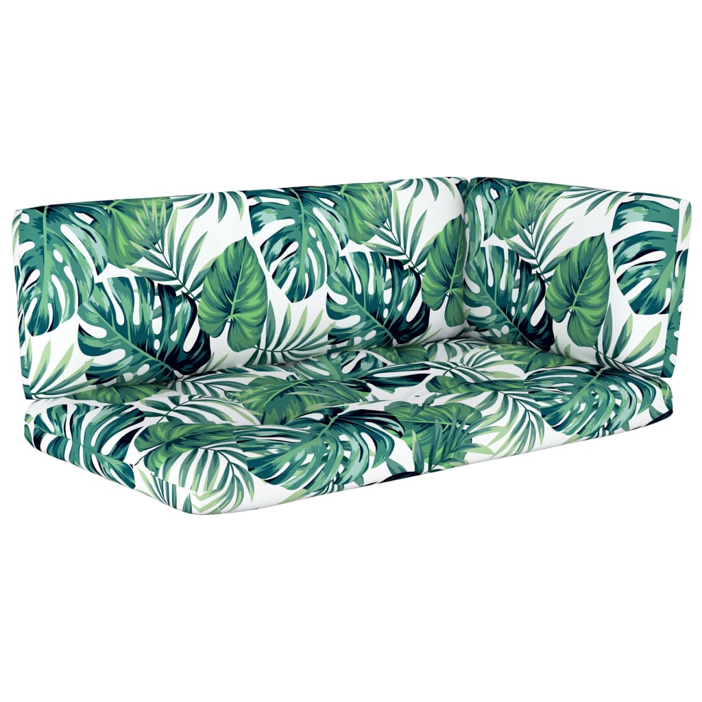 Set de 3 perne pentru canapea de gradina, din paleti, vidaXL, Textil-Poliester, 103 x 58 x 10 cm, Verde/Alb, model frunze tropicale