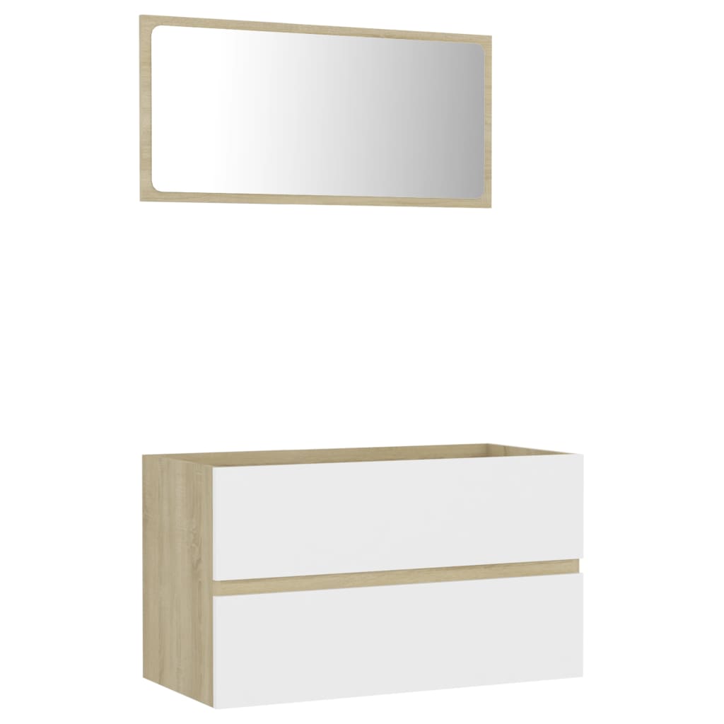 Set mobilier baie dulap cu sertare si oglinda, vidaXL, PAL-acril, 80 x 38,5 x 46 cm, Alb/Maro Stejar Sonoma