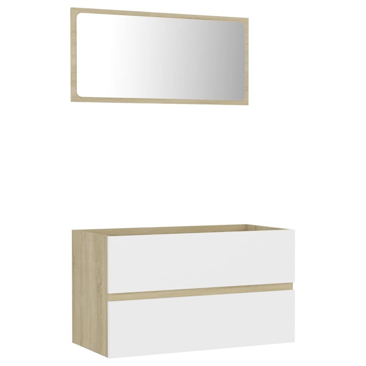Комплект шкафове с чекмеджета и огледало за баня vidaXL, ПДЧ / Акрил, 80 x 38,5 x 46 см, Бял / Кафяв
