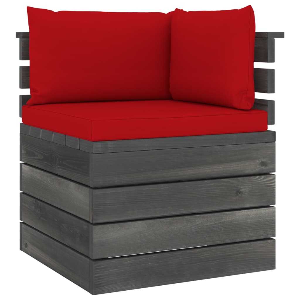 Canapea de colt din paleti cu spatar cu perne colorate, vidaXL, Lemn, 65 x 65 x 71.5 cm, Rosu