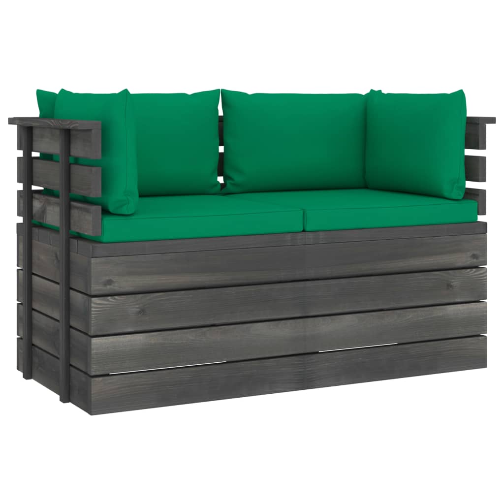 Canapea de gradina cu 2 locuri, din paleti vidaXL, Lemn masiv de pin, Gri/Verde