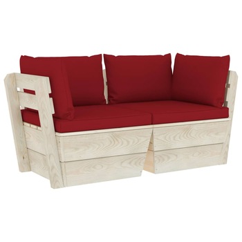 Canapea de gradina din paleti cu 2 locuri cu perne colorate, vidaXL, Lemn, 60 x 60 x 65 cm, Rosu inchis