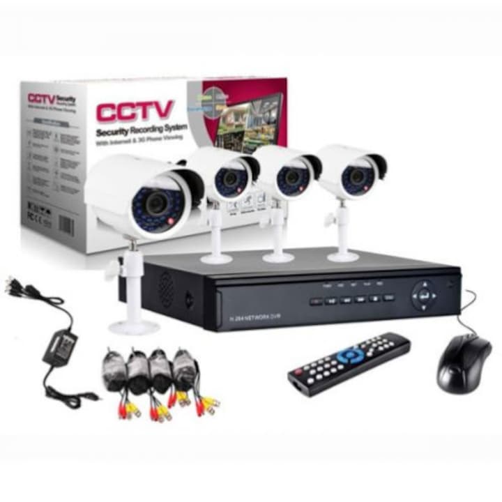 Kit DVR 4 Camere De Supraveghere CCTV, Faintec, Cu IR LED Si Detector De Miscare, Pentru Interior Sau Exterior, 1280*1024, Culoare Alb