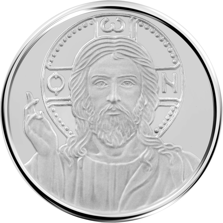 Medalie de argint Isus Hristos, Greutate 3 gr, 1/10 oz, Diametru 16 mm, Grosime 3 mm, Metal Ag 999/1000, argint pur