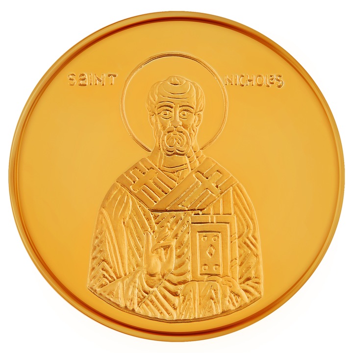 Medalie din aur Sf. Nicolae Facatorul de Minuni, Greutate 8,55 g, 0,27 oz, Diametru 30 mm, Metal: Au 999/1000, 24 carats