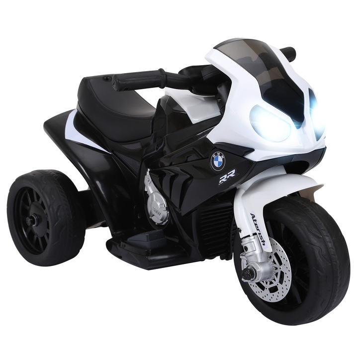 Motocicleta Electrica pentru Copii, Homcom, cu Autorizatie BMW, 3 Roti, Baterie Reincarcabila 6V, 66x37x44 cm, Alb si Negru