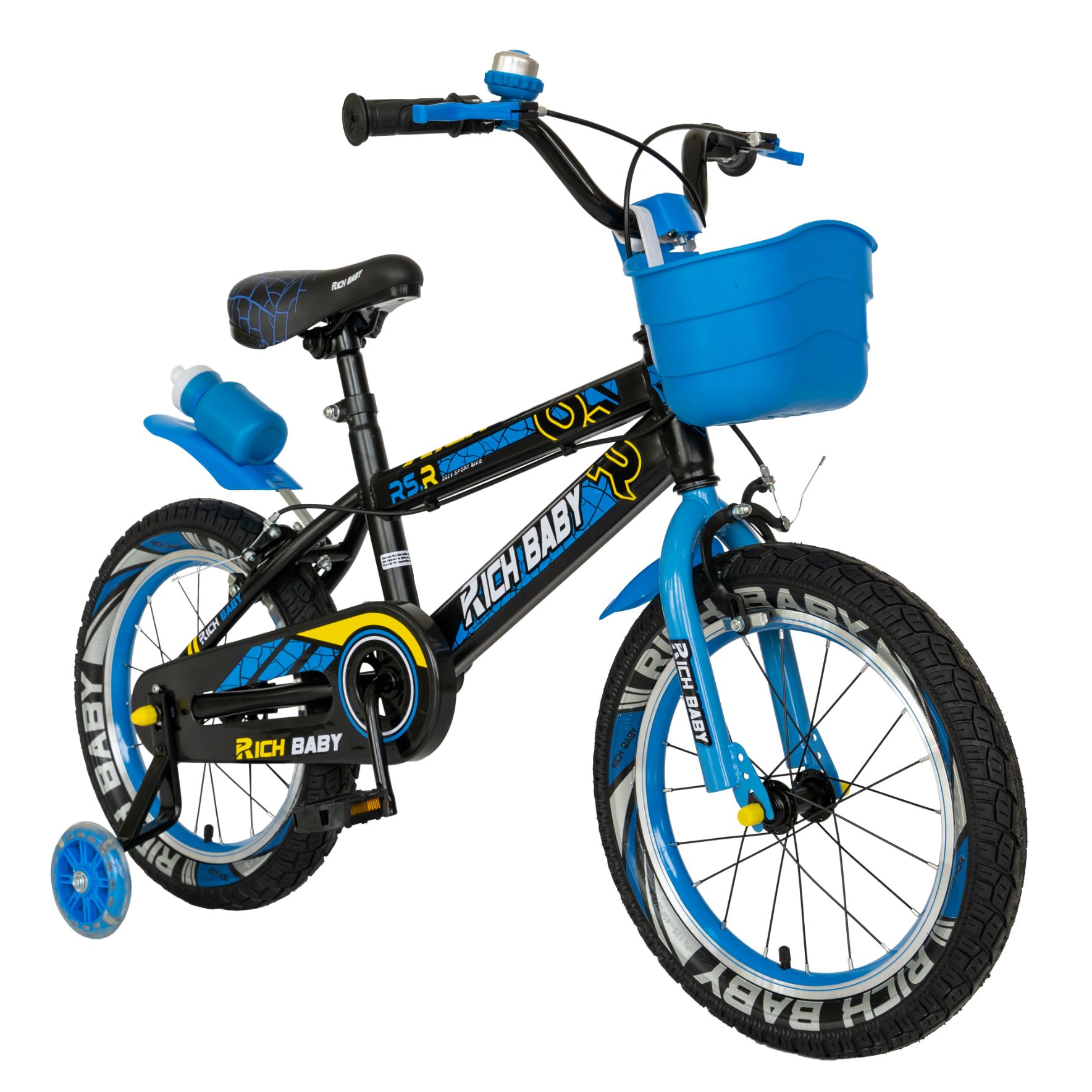 Bicicleta Baieti 4-6 Ani, Roti 16 Inch, Frane C-Brake, Roti Ajutatoare cu LED, Cosulet, Rich Baby CSR16/WTB, Cadru Negru cu Design Albastru