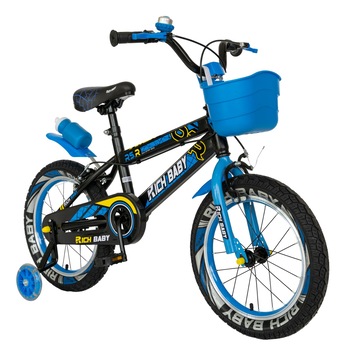 Bicicleta Baieti 4-6 Ani, Roti 16 Inch, Frane C-Brake, Roti Ajutatoare cu LED, Cosulet, Rich Baby CSR16/WTB, Cadru Negru cu Design Albastru Bicicleta Baieti 4-6 Ani, Roti 16 Inch, Frane C-Brake, Roti Ajutatoare cu LED, Cosulet, Rich Baby CSR16/WTB, Cadru Negru cu Design Albastru